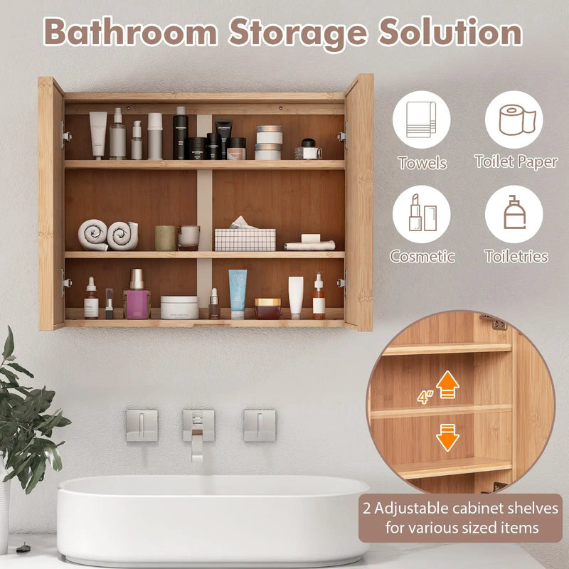 Double Door Bathroom Wall Cabinet with Mirror and Adjustable Shelves-Natural by DirectDeals