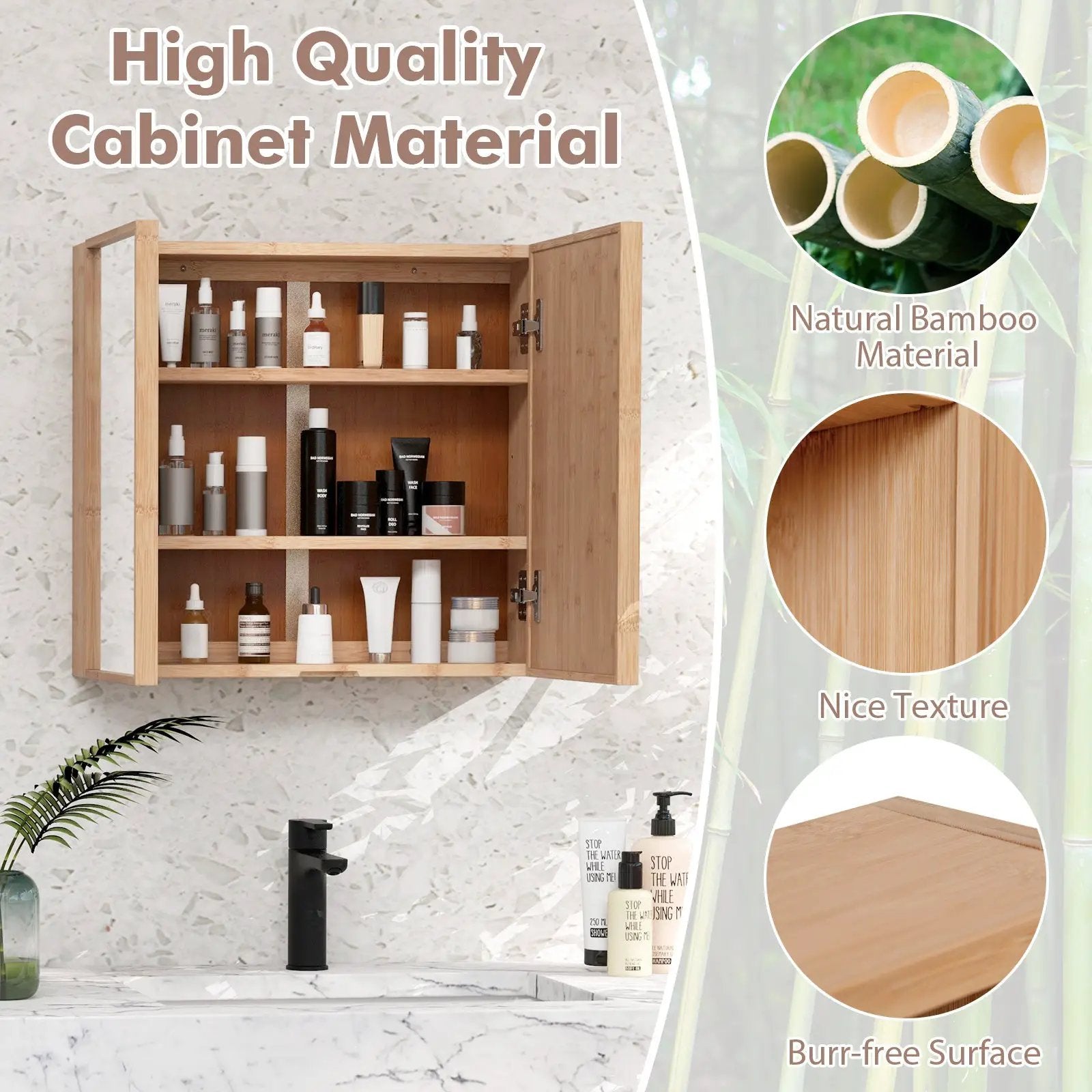 Double Door Bathroom Wall Cabinet with Mirror and Adjustable Shelves-Natural by DirectDeals