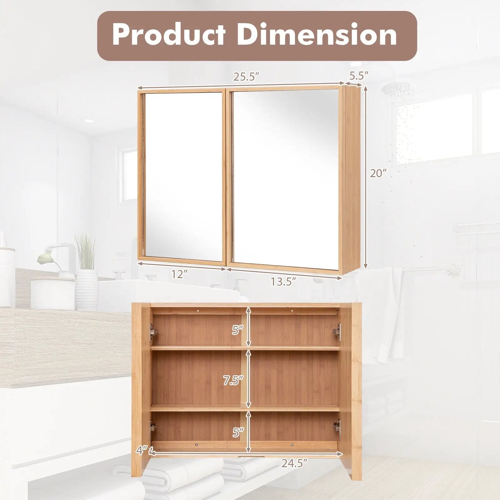 Double Door Bathroom Wall Cabinet with Mirror and Adjustable Shelves-Natural by DirectDeals