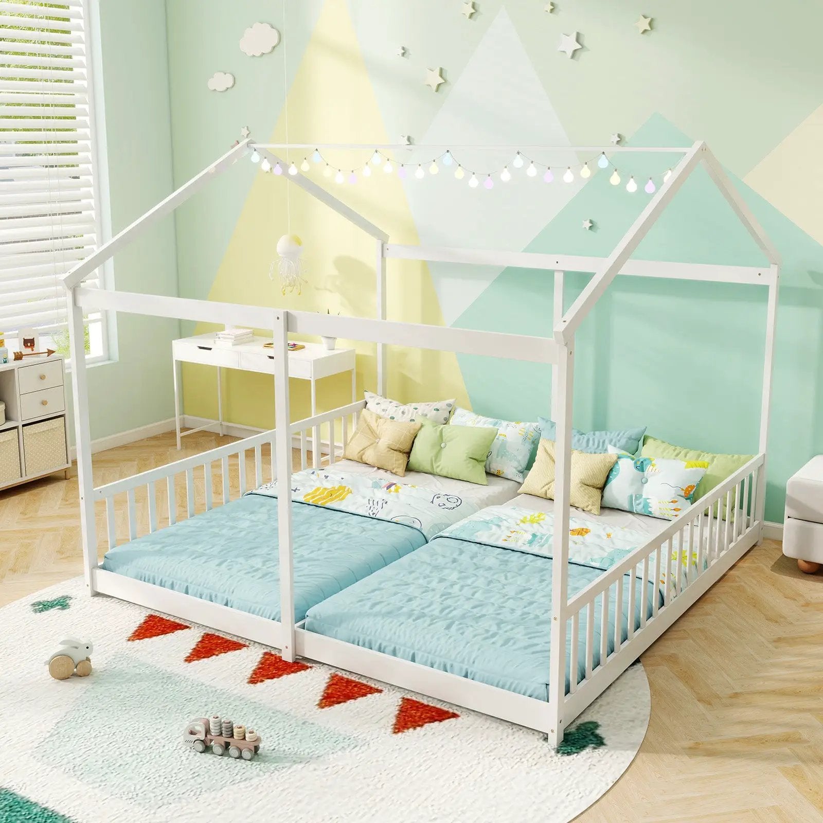 Double Floor Bed for Twins House Beds with Safety Guardrails for 2 Kids-White by DirectDeals