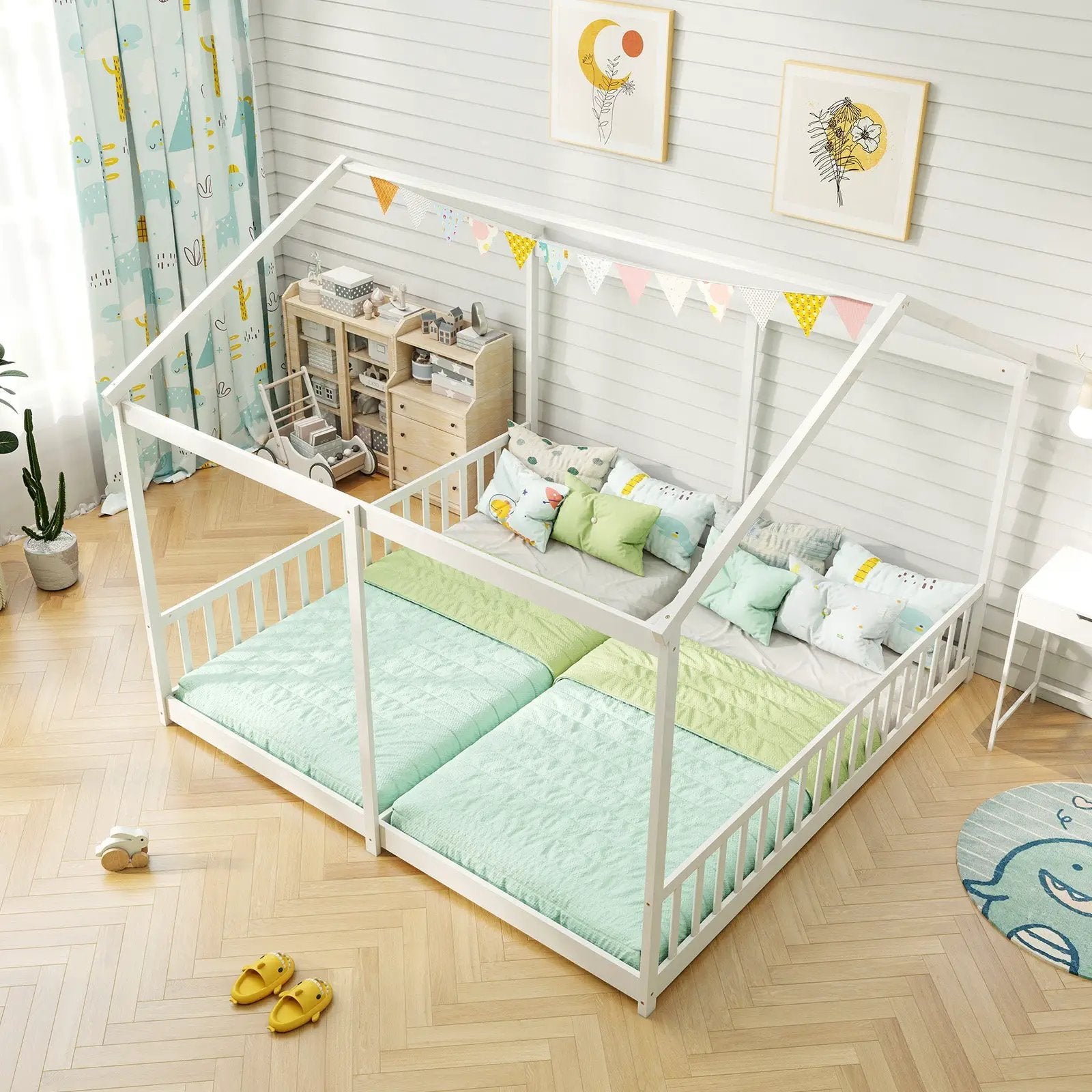 Double Floor Bed for Twins House Beds with Safety Guardrails for 2 Kids-White by DirectDeals