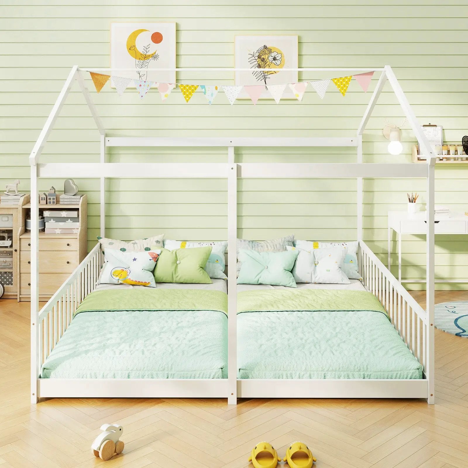 Double Floor Bed for Twins House Beds with Safety Guardrails for 2 Kids-White by DirectDeals