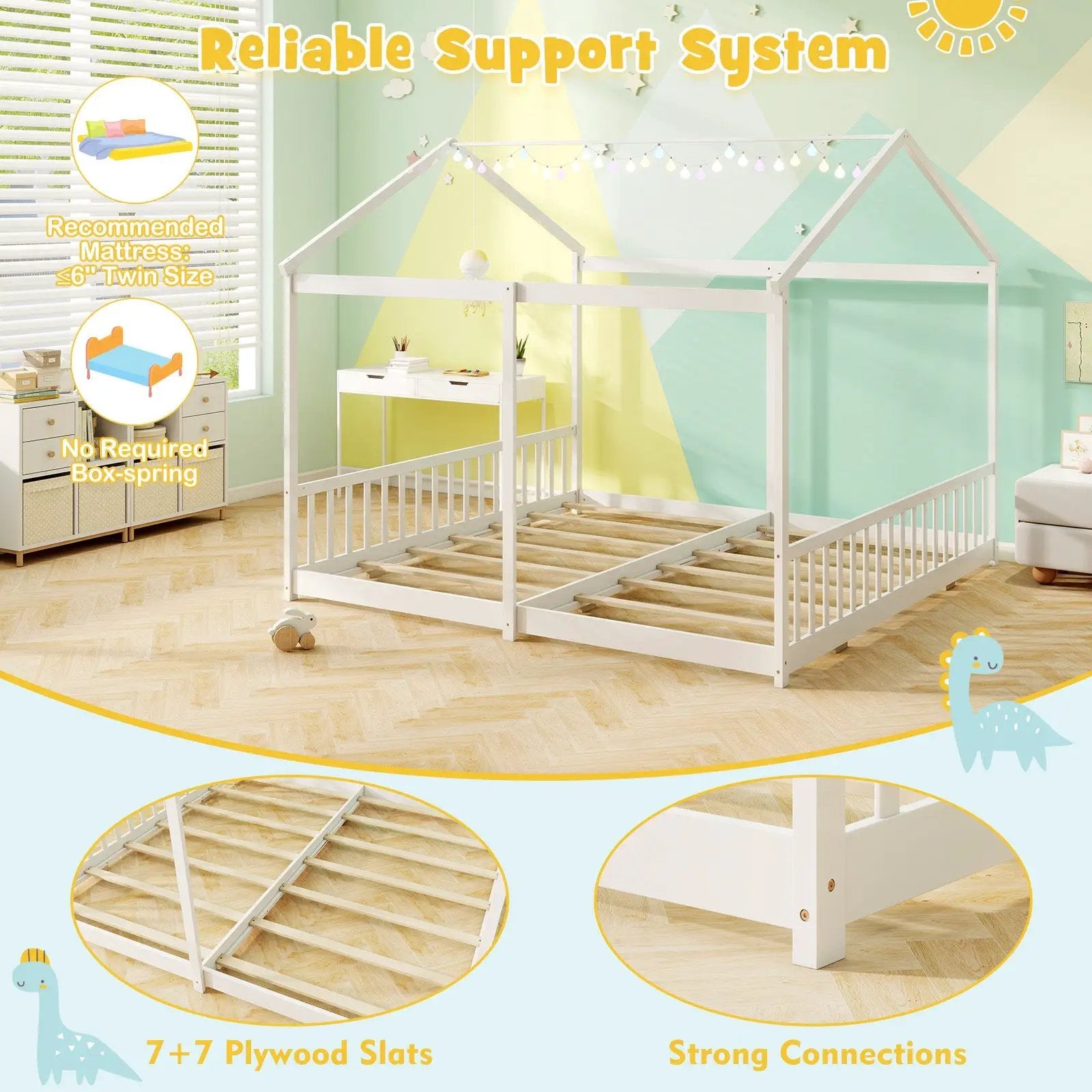 Double Floor Bed for Twins House Beds with Safety Guardrails for 2 Kids-White by DirectDeals