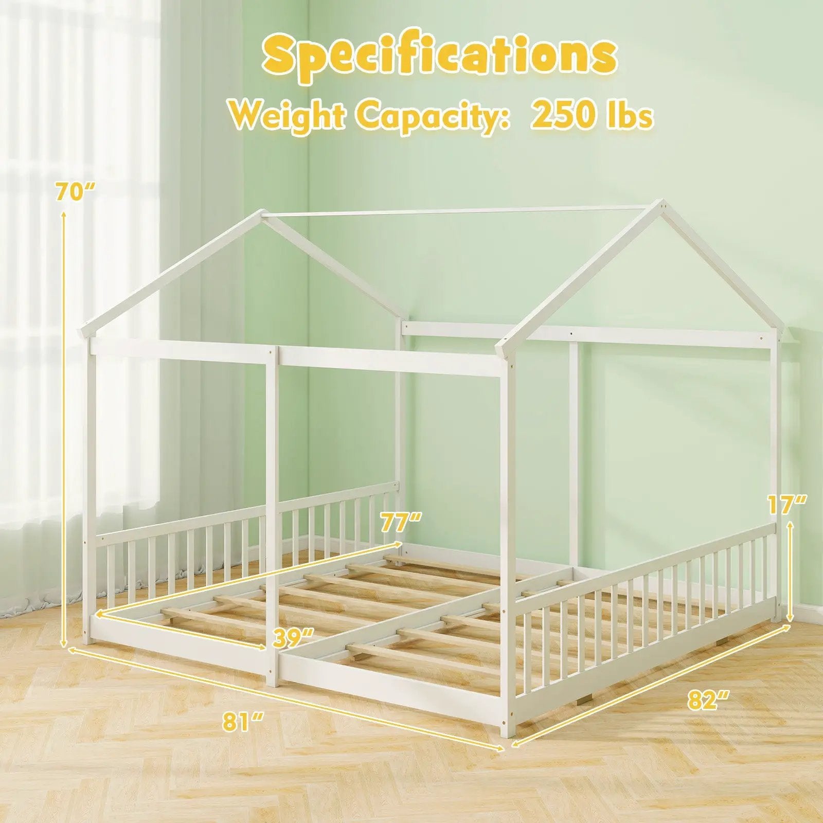 Double Floor Bed for Twins House Beds with Safety Guardrails for 2 Kids-White by DirectDeals