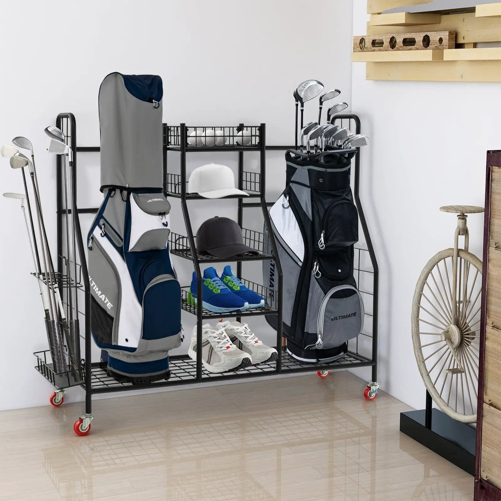 Double Golf Bag Rack with Removable Golf Club Stand and Wheels-Black by DirectDeals