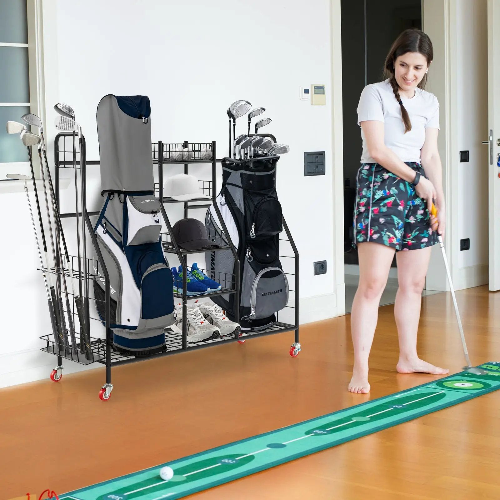 Double Golf Bag Rack with Removable Golf Club Stand and Wheels-Black by DirectDeals