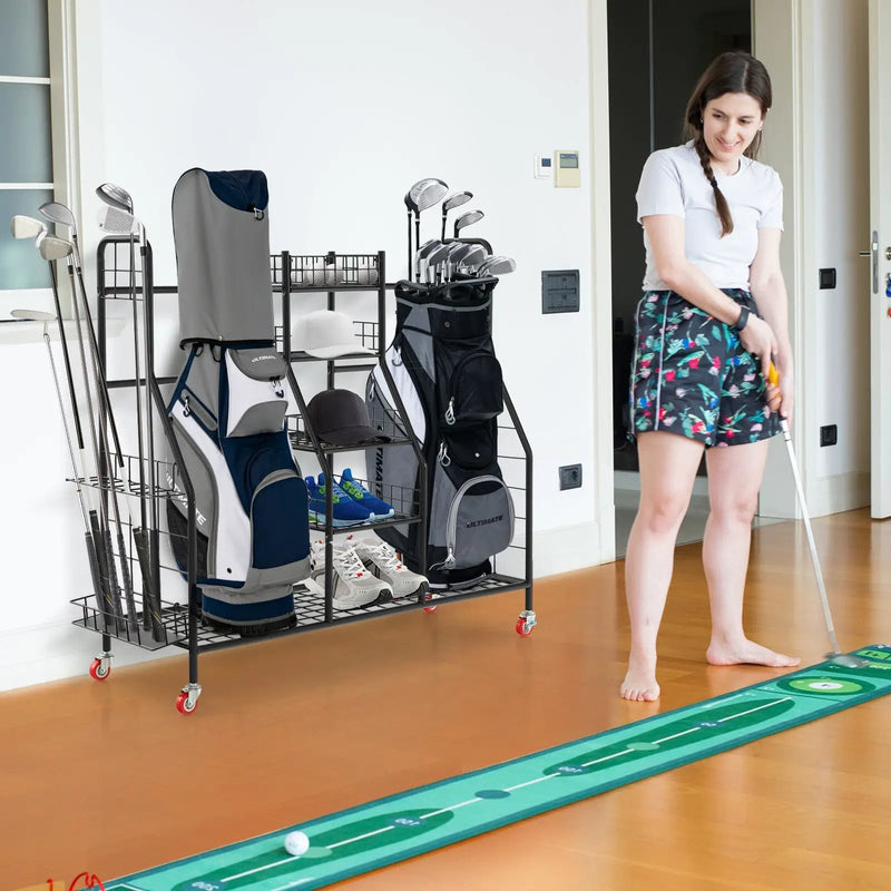 Double Golf Bag Rack with Removable Golf Club Stand and Wheels-Black by DirectDeals