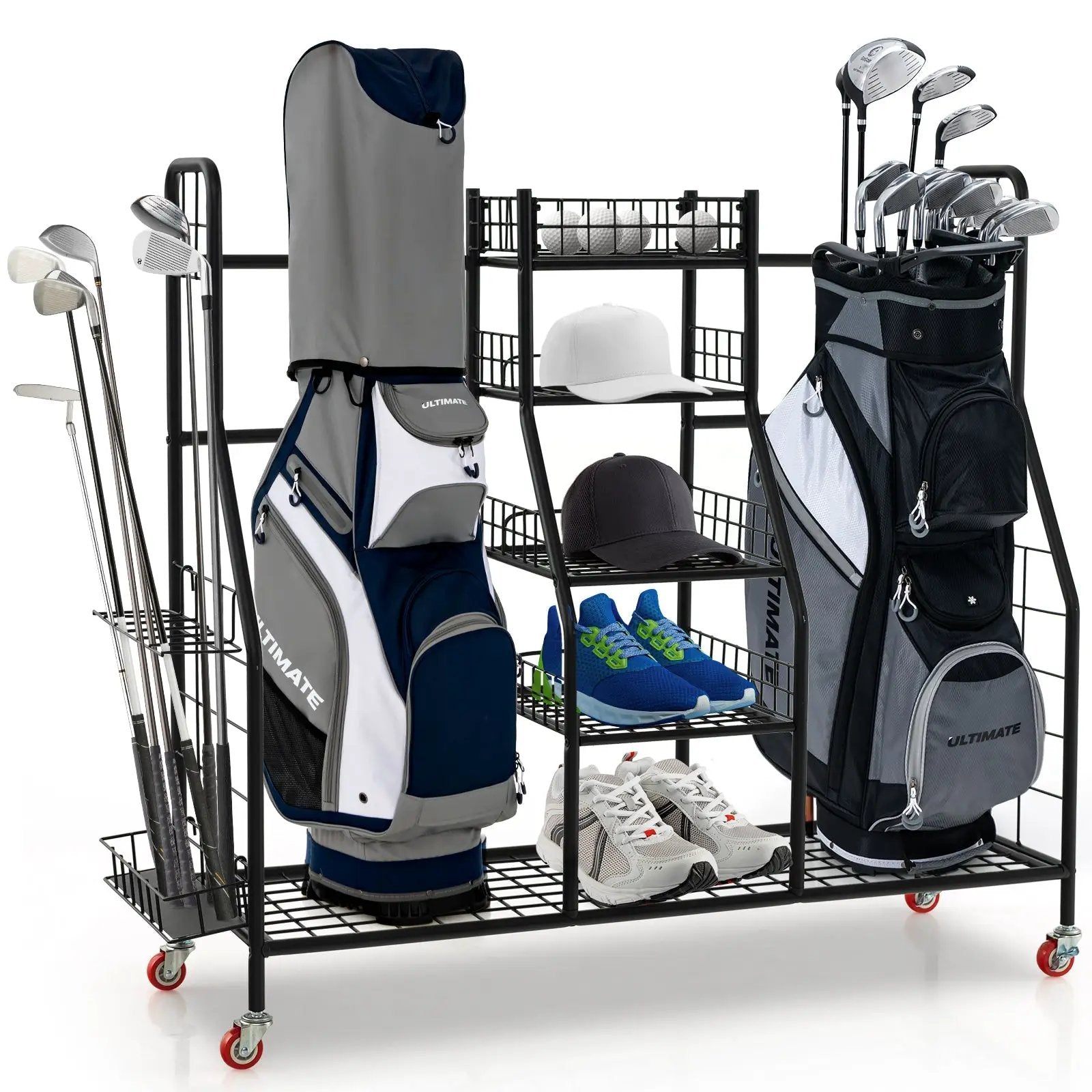 Double Golf Bag Rack with Removable Golf Club Stand and Wheels-Black by DirectDeals