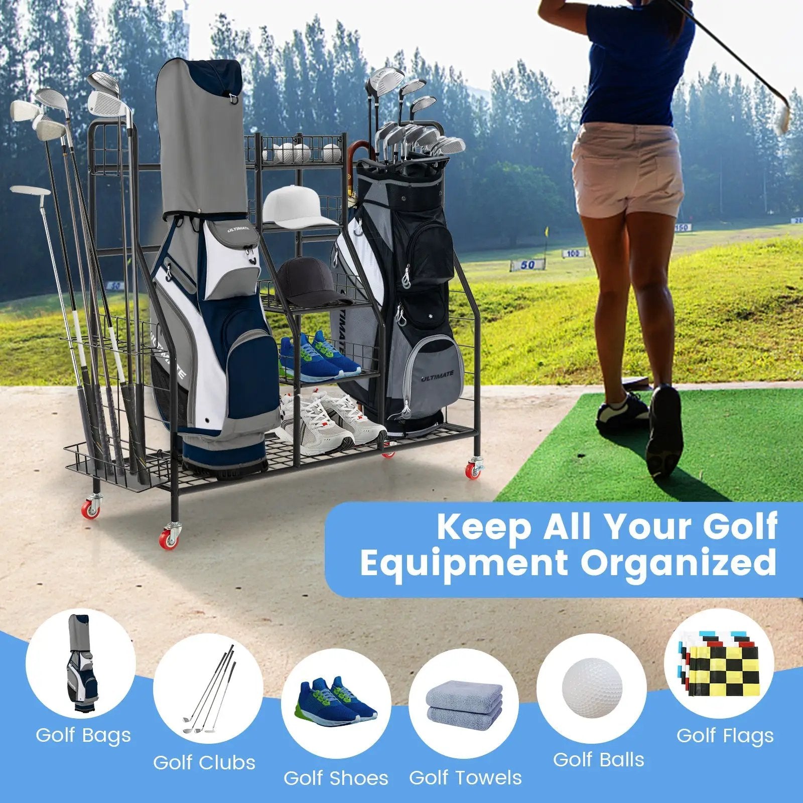 Double Golf Bag Rack with Removable Golf Club Stand and Wheels-Black by DirectDeals