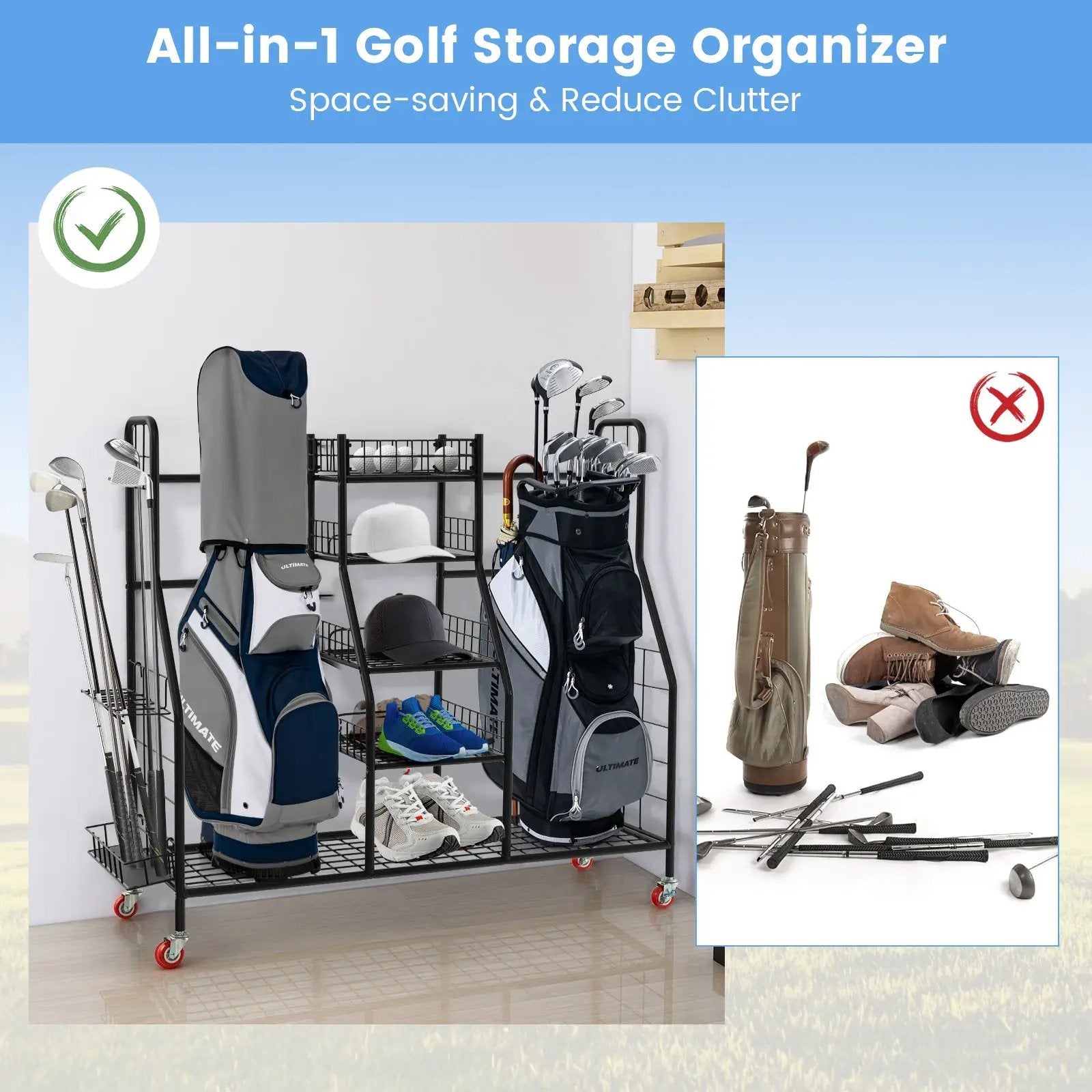 Double Golf Bag Rack with Removable Golf Club Stand and Wheels-Black by DirectDeals
