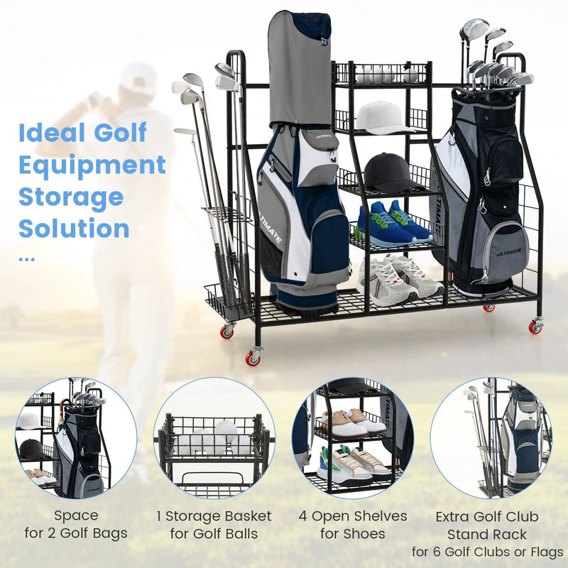 Double Golf Bag Rack with Removable Golf Club Stand and Wheels-Black by DirectDeals