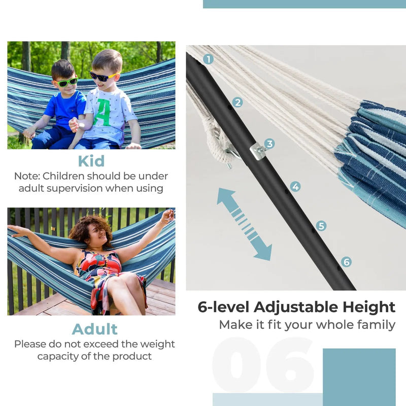 Portable Indoor Outdoor 2-Person Double Hammock Set with Stand and Carrying Cases-Blue by DirectDeals