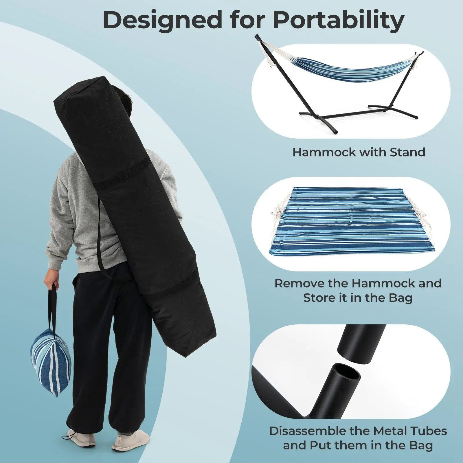 Portable Indoor Outdoor 2-Person Double Hammock Set with Stand and Carrying Cases-Blue by DirectDeals
