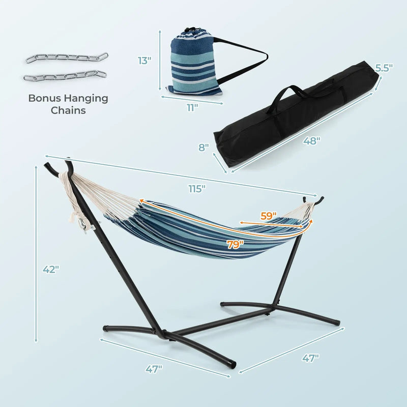 Portable Indoor Outdoor 2-Person Double Hammock Set with Stand and Carrying Cases-Blue by DirectDeals