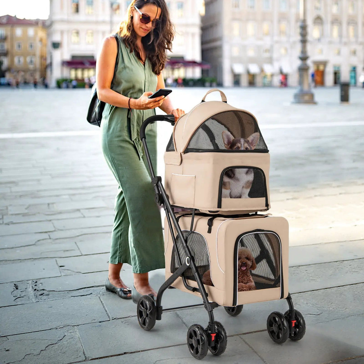 Double Pet Stroller Foldable 3-in-1 Dog Stroller with 2 Detachable Carriers