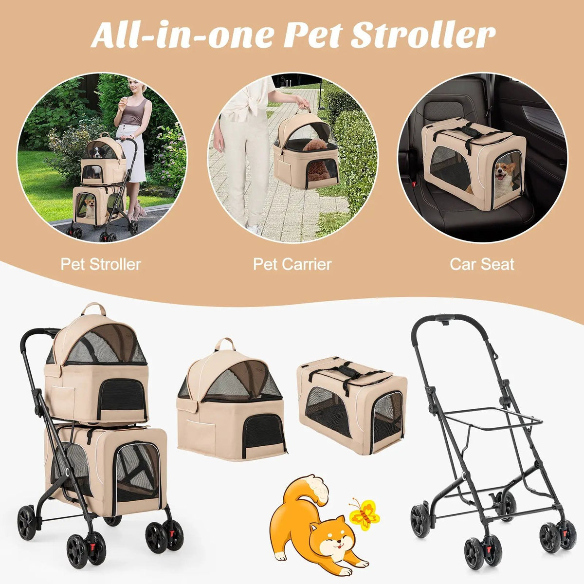 Double Pet Stroller Foldable 3-in-1 Dog Stroller with 2 Detachable Carriers, photo 5 of 10