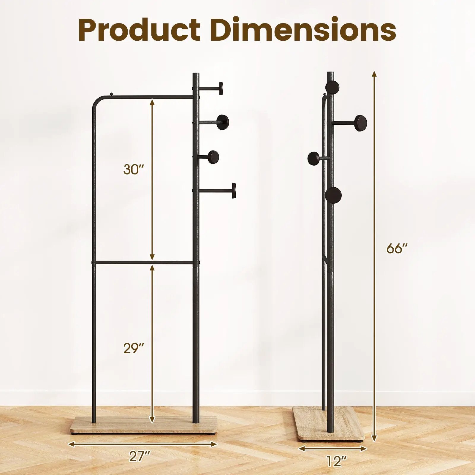Double Rods Clothes Hanging Rack with Rubber Wood Hooks by DirectDeals