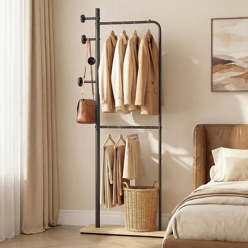 Double Rods Clothes Hanging Rack with Rubber Wood Hooks by DirectDeals