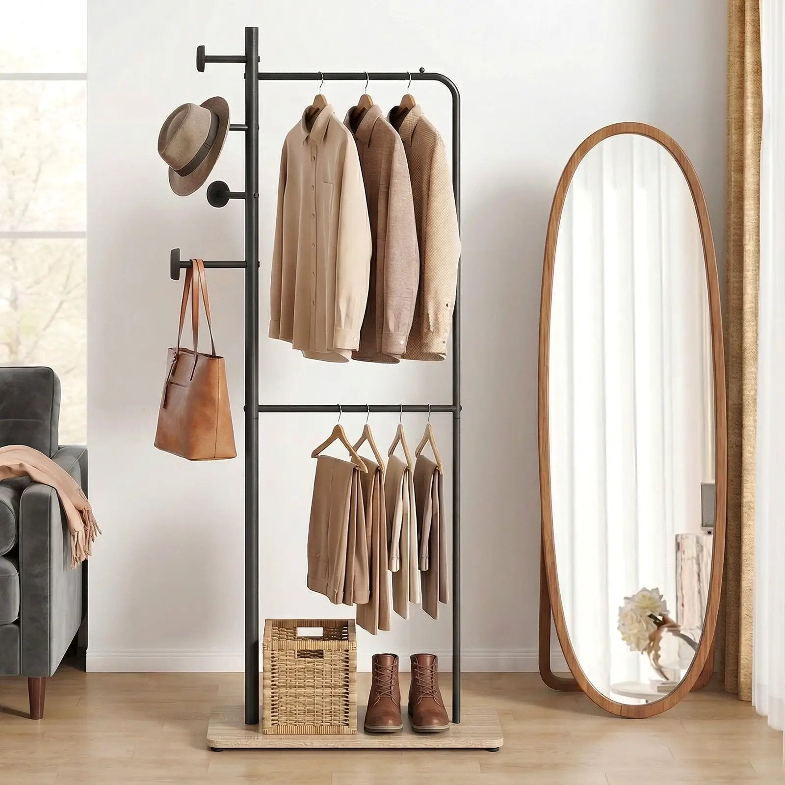 Double Rods Clothes Hanging Rack with Rubber Wood Hooks by DirectDeals