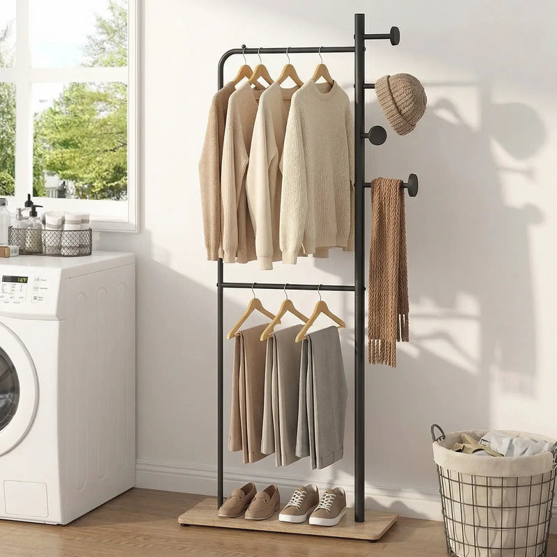 Double Rods Clothes Hanging Rack with Rubber Wood Hooks by DirectDeals