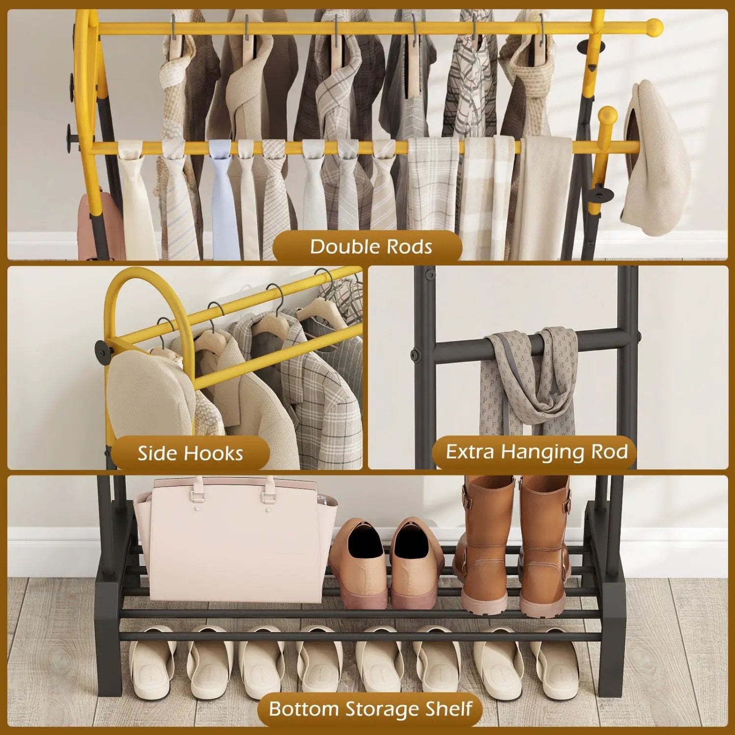 Double Rods Garment Rack for Hanging Clothes-Gold by DirectDeals