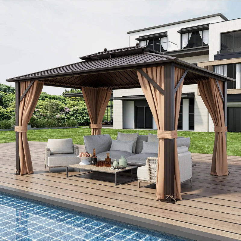 10x13ft Double-Roof Patio Hardtop Gazebo with Galvanized Steel Roof Netting and Curtains-Coffee by DirectDeals