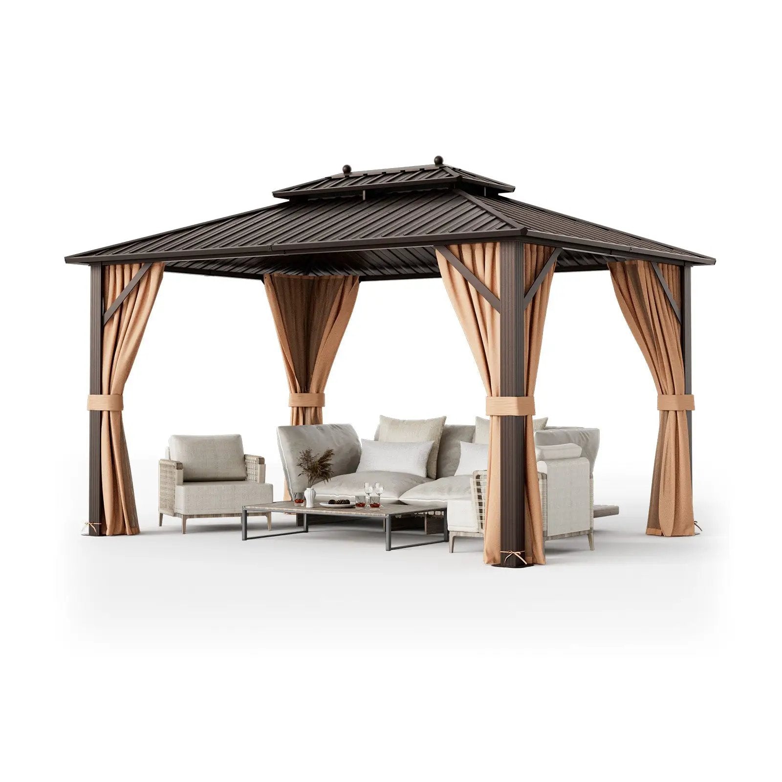 10x13ft Double-Roof Patio Hardtop Gazebo with Galvanized Steel Roof Netting and Curtains-Coffee by DirectDeals