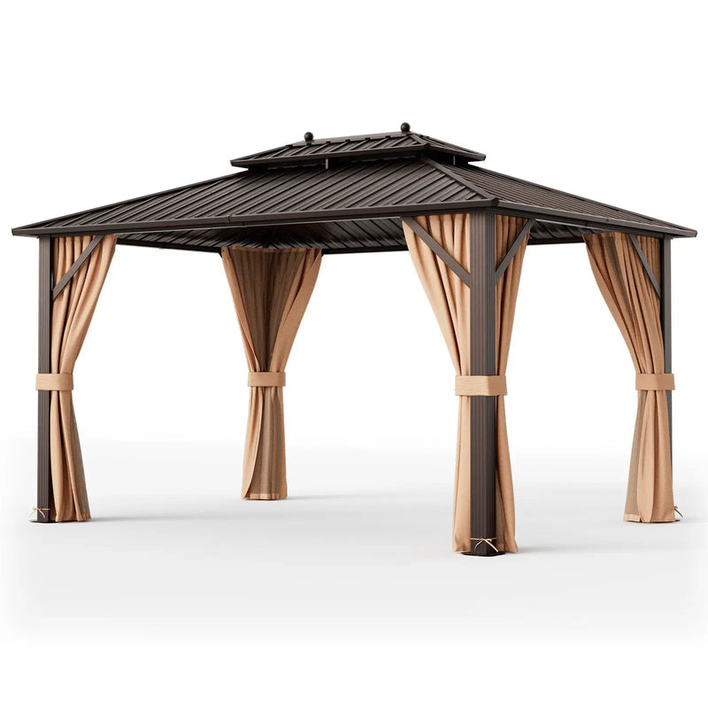 10x13ft Double-Roof Patio Hardtop Gazebo with Galvanized Steel Roof Netting and Curtains-Coffee by DirectDeals