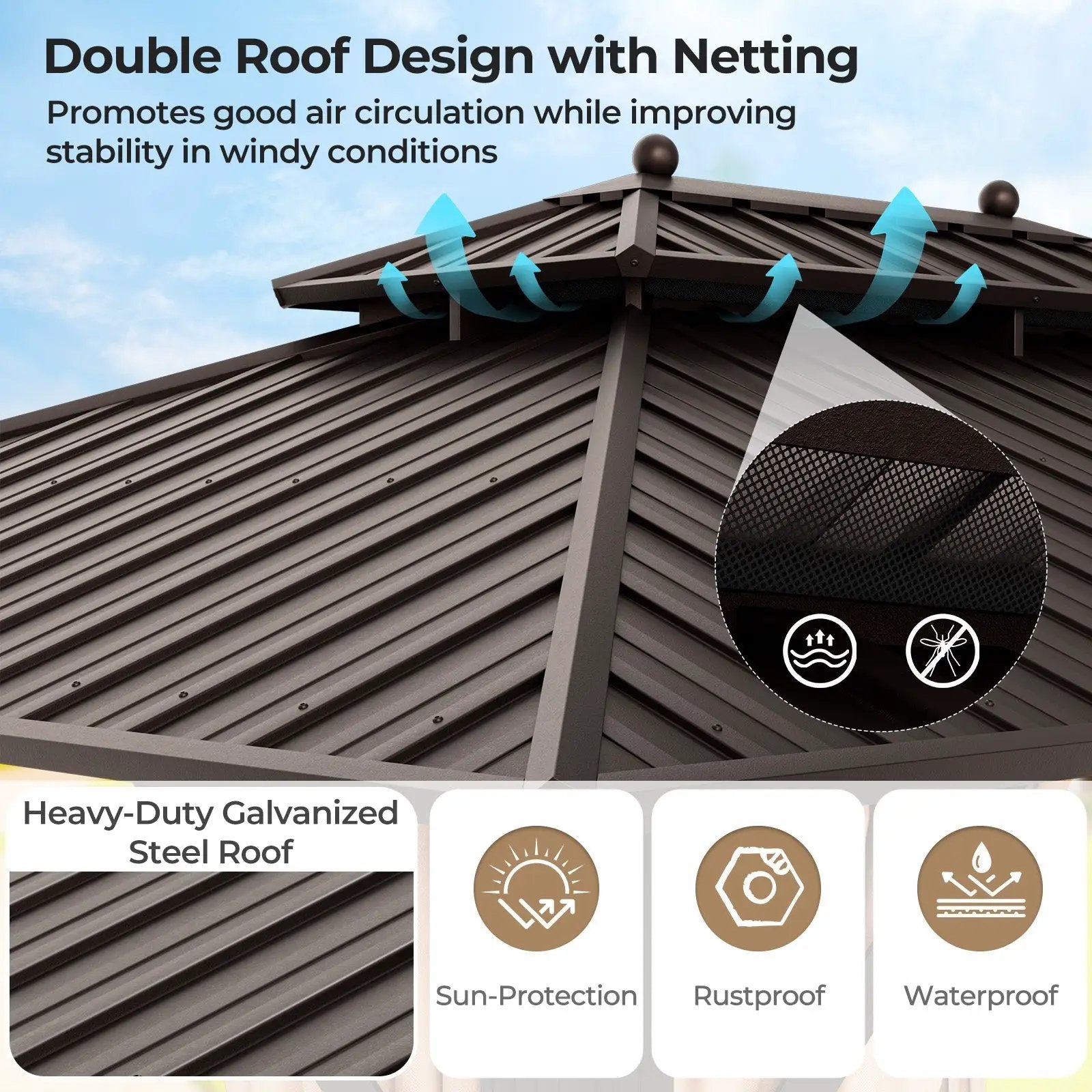 10x13ft Double-Roof Patio Hardtop Gazebo with Galvanized Steel Roof Netting and Curtains-Coffee by DirectDeals