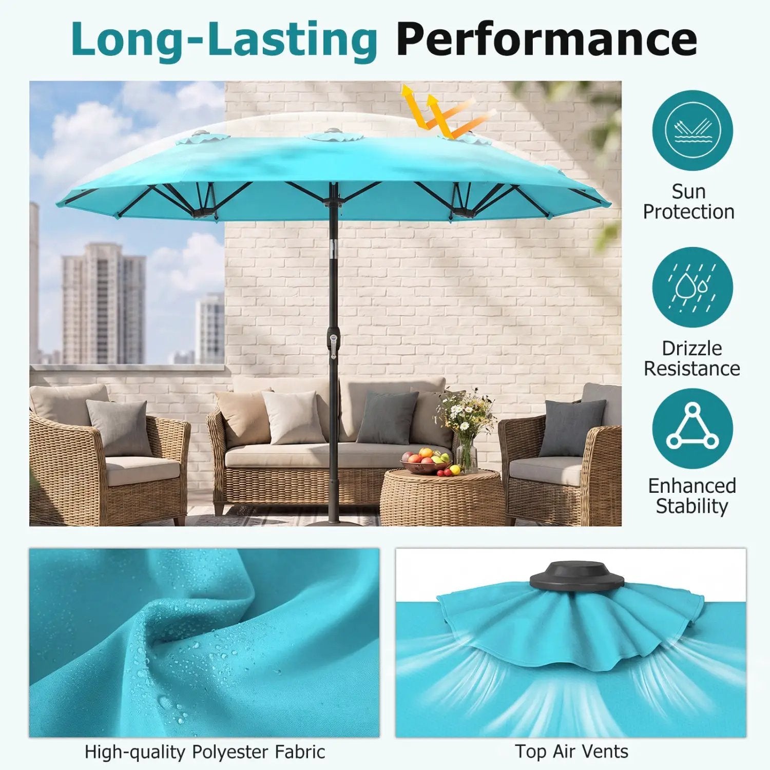 Double-Sided Patio Umbrella with Push Button Tilt Crank Handle by DirectDeals