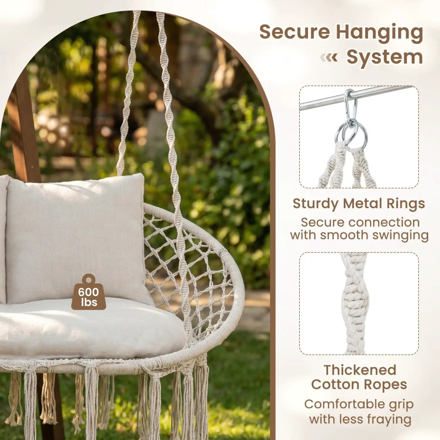 Double Swing Chair with Cushions Macrame Hanging Hammock Chair for Indoor and Outdoor Use by DirectDeals
