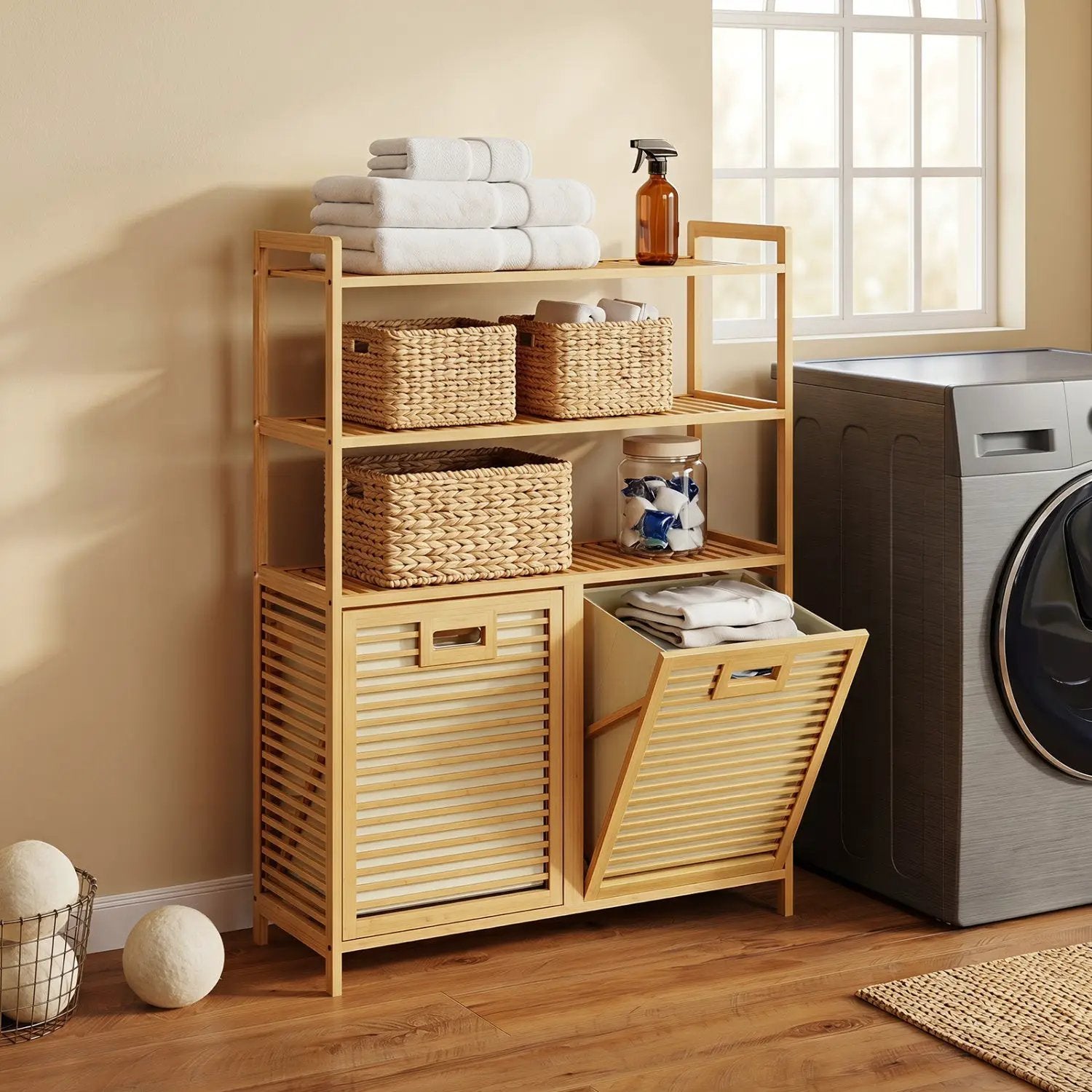 Double Tilt-Out Laundry Hamper with 3 Shelves & Baskets by DirectDeals