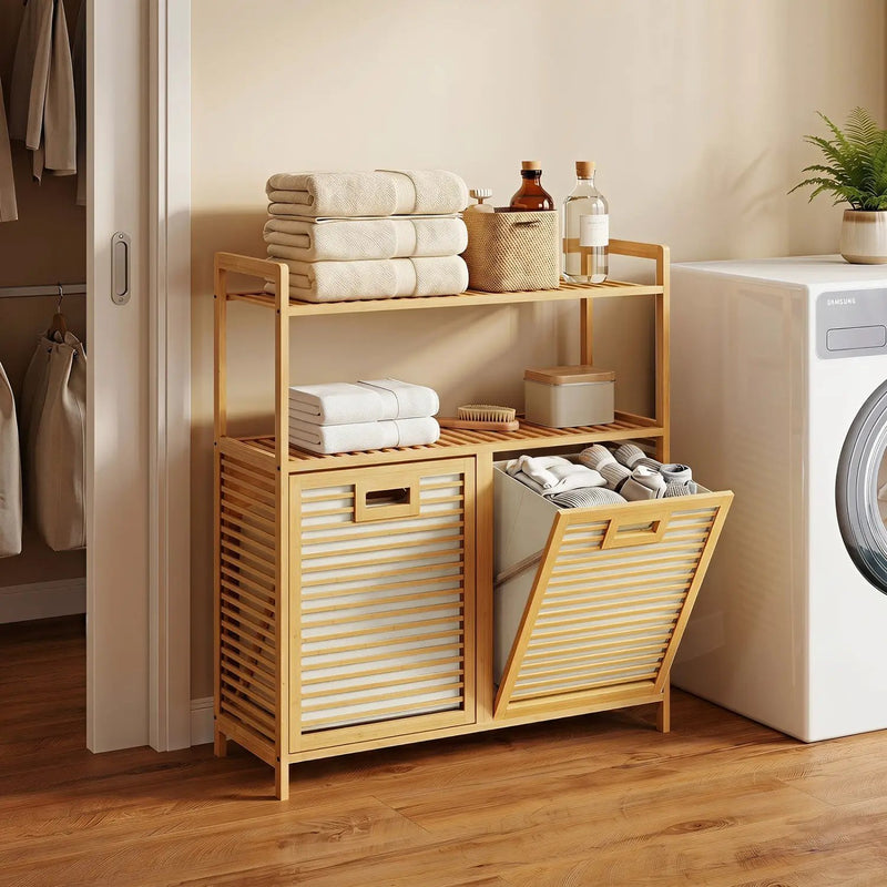 Double Tilt-Out Laundry Hamper with 2 Shelves - Natural Bamboo by DirectDeals