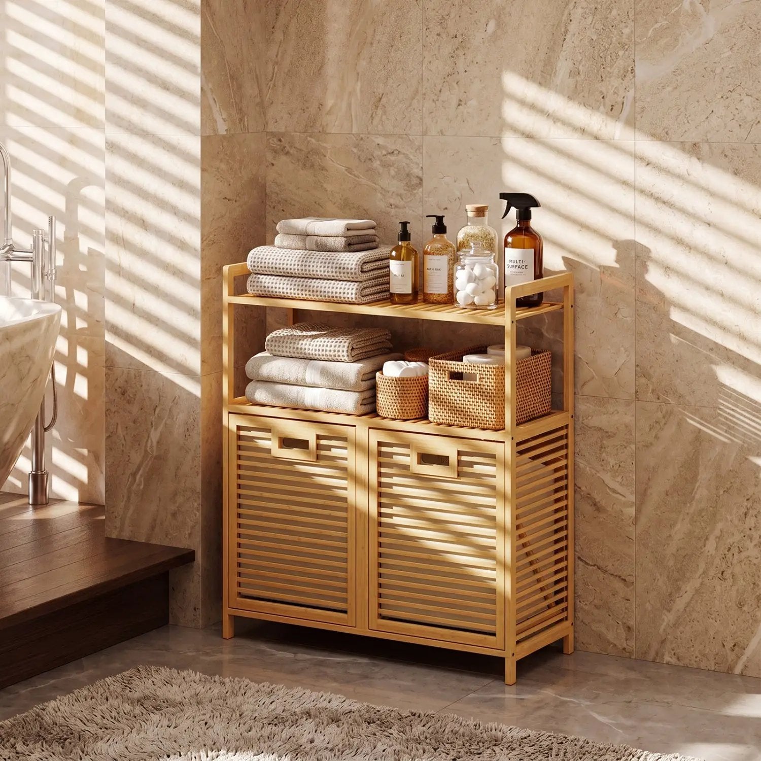 Double Tilt-Out Laundry Hamper with 2 Shelves - Natural Bamboo by DirectDeals