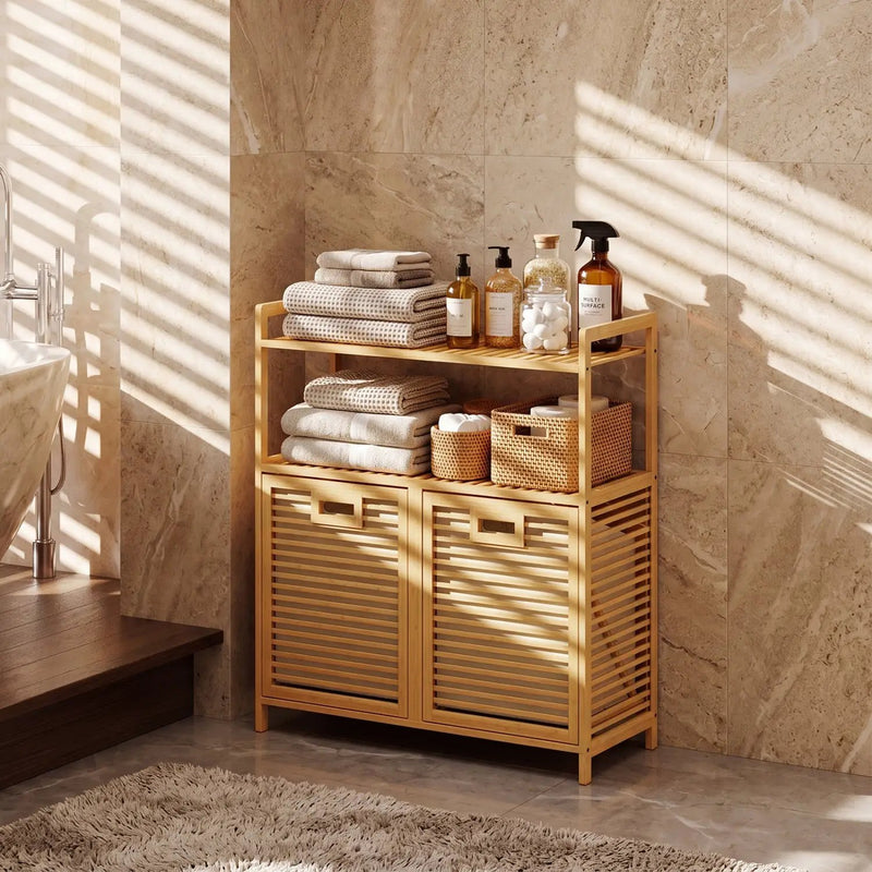 Double Tilt-Out Laundry Hamper with 2 Shelves - Natural Bamboo by DirectDeals