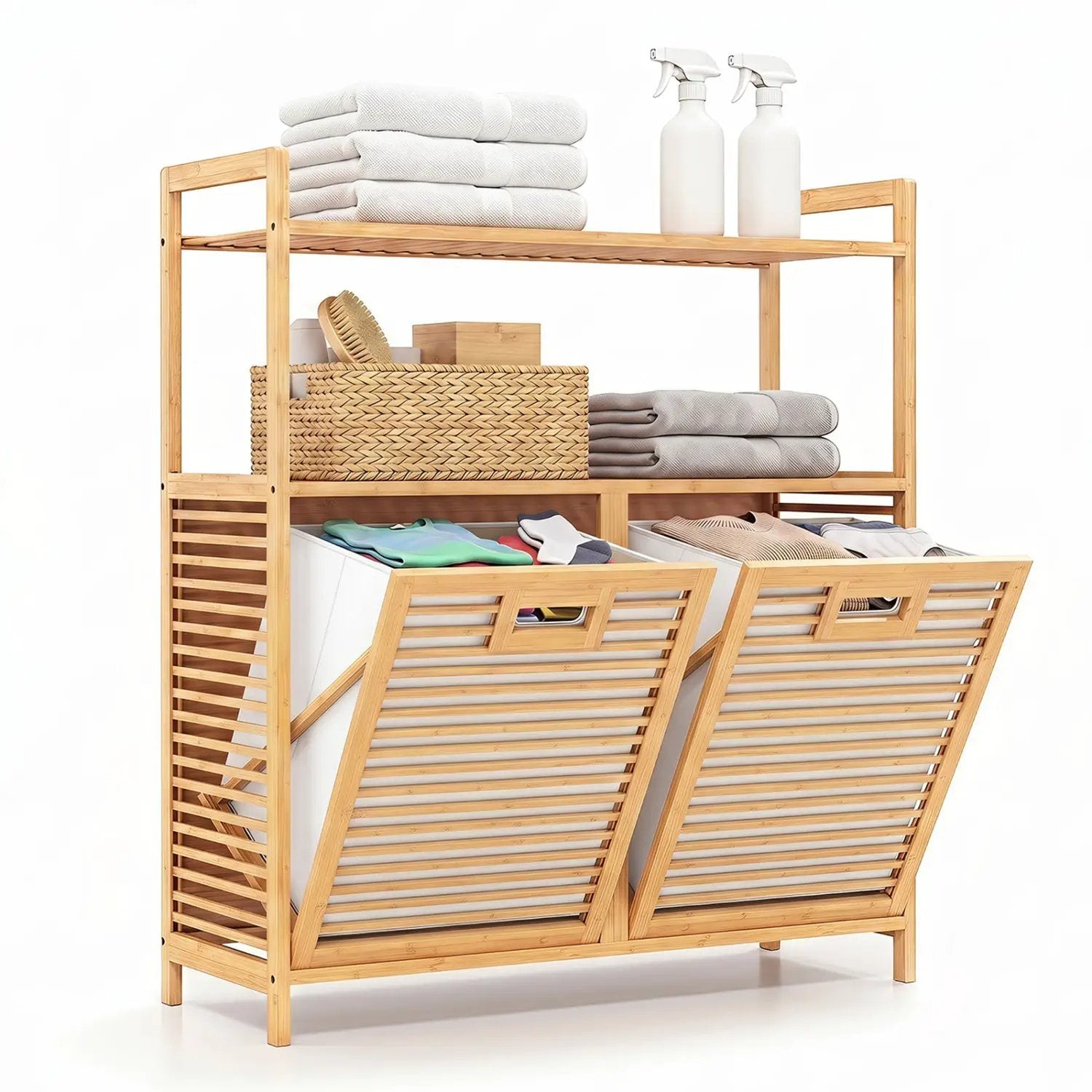 Double Tilt-Out Laundry Hamper with 2 Shelves - Natural Bamboo by DirectDeals