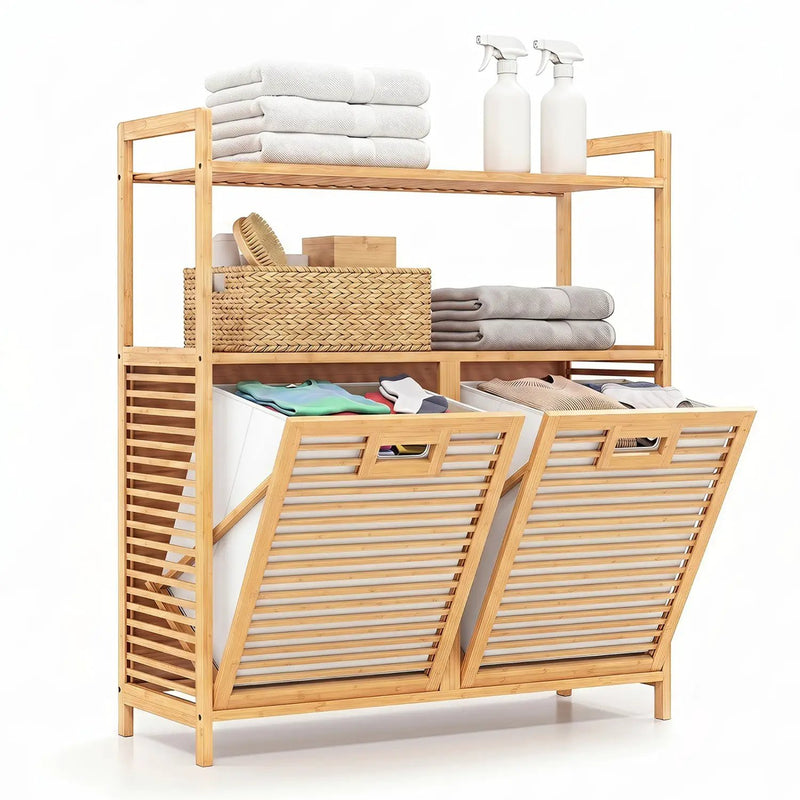 Double Tilt-Out Laundry Hamper with 2 Shelves - Natural Bamboo by DirectDeals