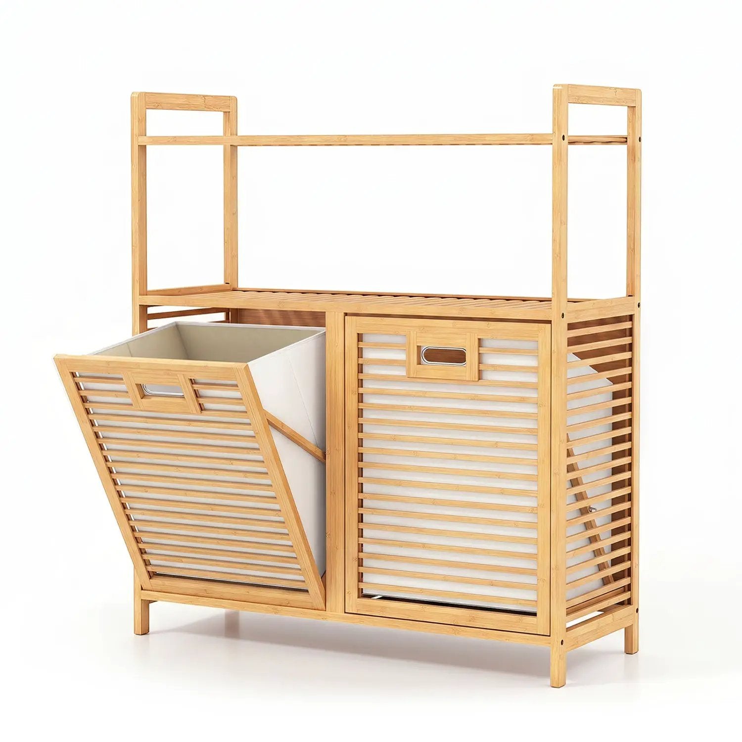 Double Tilt-Out Laundry Hamper with 2 Shelves - Natural Bamboo by DirectDeals