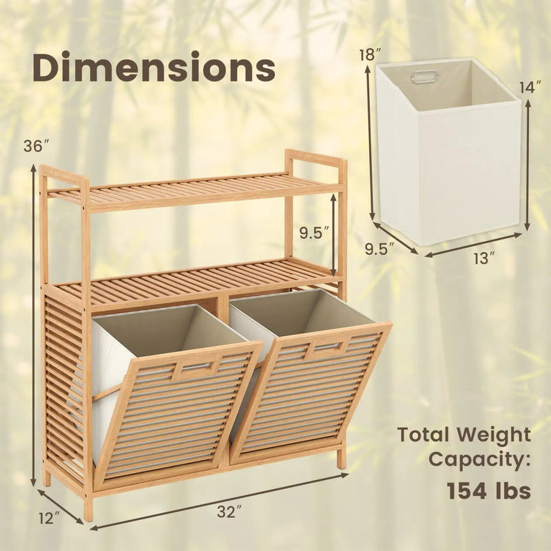 Double Tilt-Out Laundry Hamper with 2 Shelves - Natural Bamboo by DirectDeals