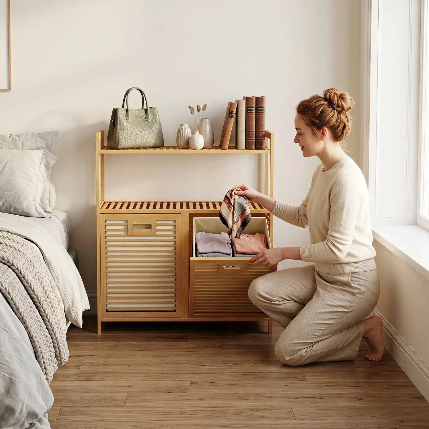 Double Tilt-Out Laundry Hamper with 2 Shelves - Natural Bamboo by DirectDeals