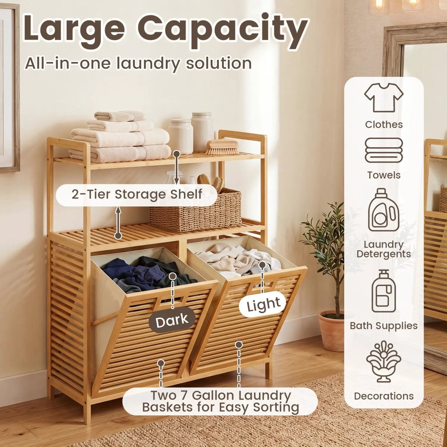 Double Tilt-Out Laundry Hamper with 2 Shelves - Natural Bamboo by DirectDeals