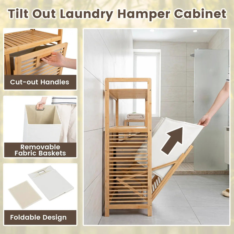 Double Tilt-Out Laundry Hamper with 2 Shelves - Natural Bamboo by DirectDeals