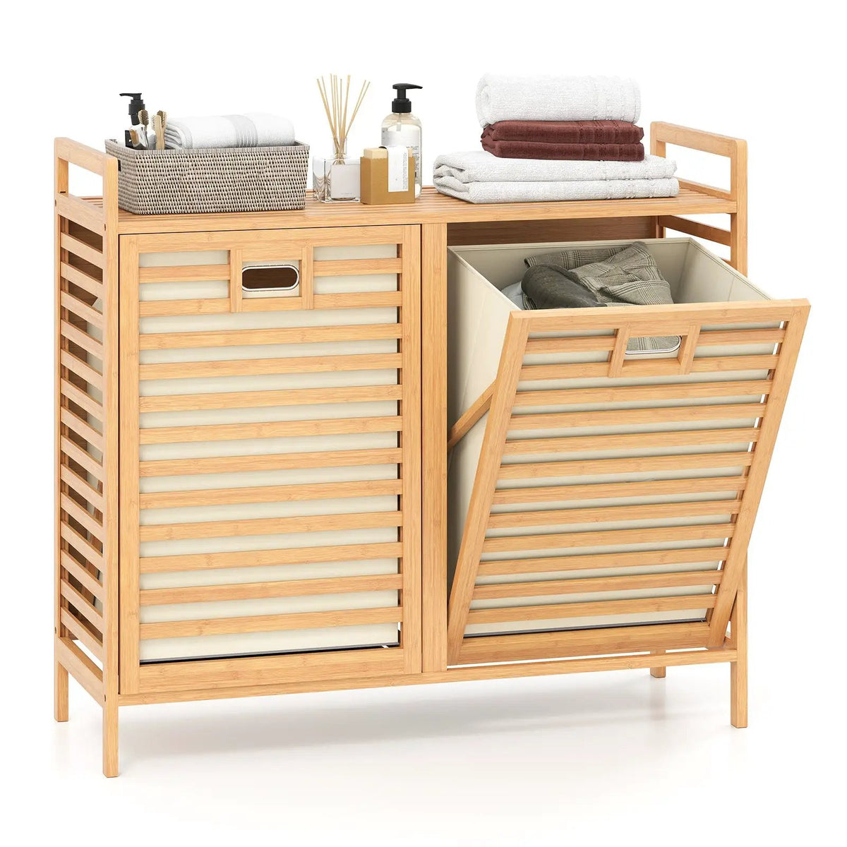 Double Tilt-out Laundry Hamper with 2 Removable Bins-Natural, photo 3 of 8