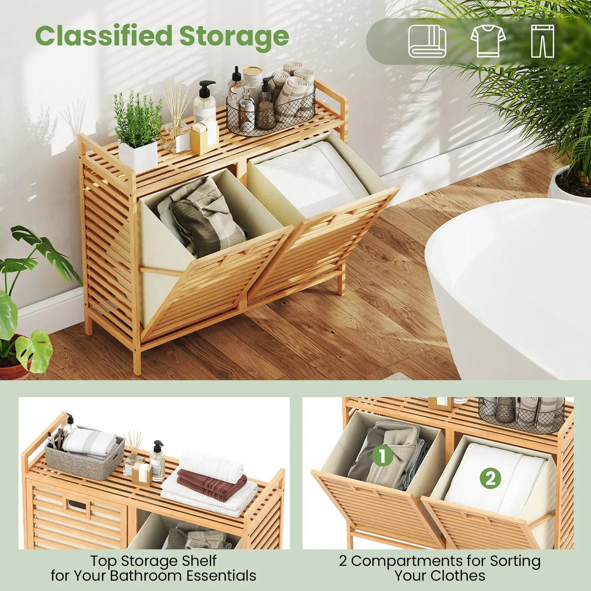 Double Tilt-out Laundry Hamper with 2 Removable Bins-Natural, photo 7 of 8