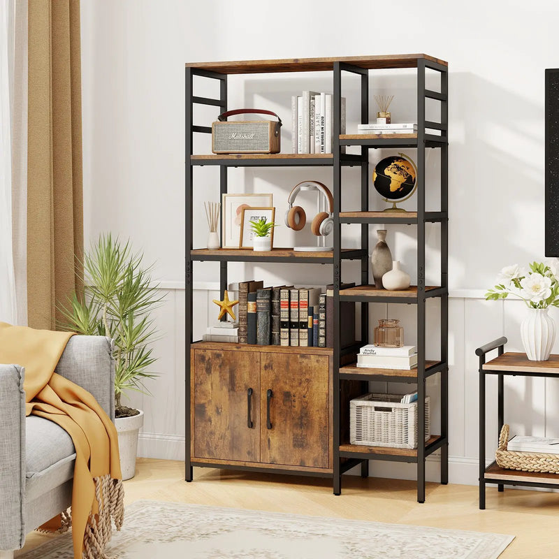 Double Wide 8-Tier Bookshelf with 2-Door Cabinet for Living Room Home Office-Rustic Brown by DirectDeals