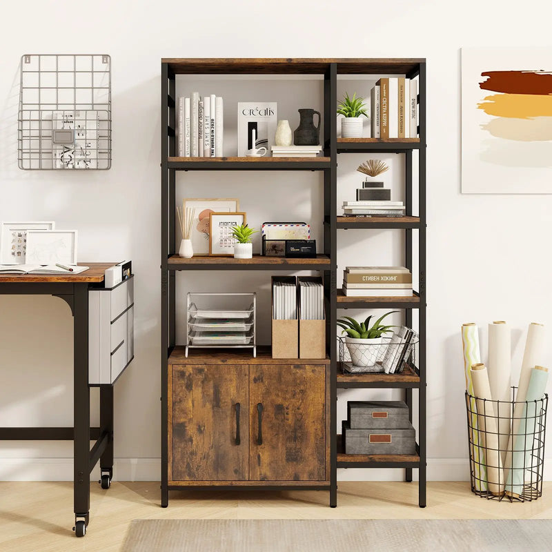 Double Wide 8-Tier Bookshelf with 2-Door Cabinet for Living Room Home Office-Rustic Brown by DirectDeals