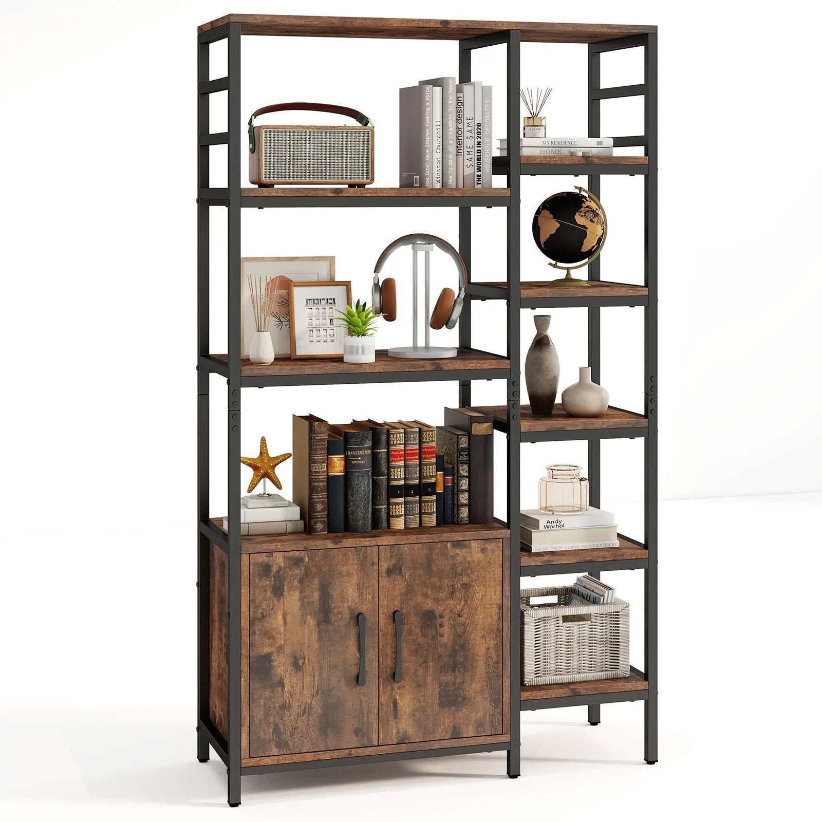 Double Wide 8-Tier Bookshelf with 2-Door Cabinet for Living Room Home Office-Rustic Brown by DirectDeals