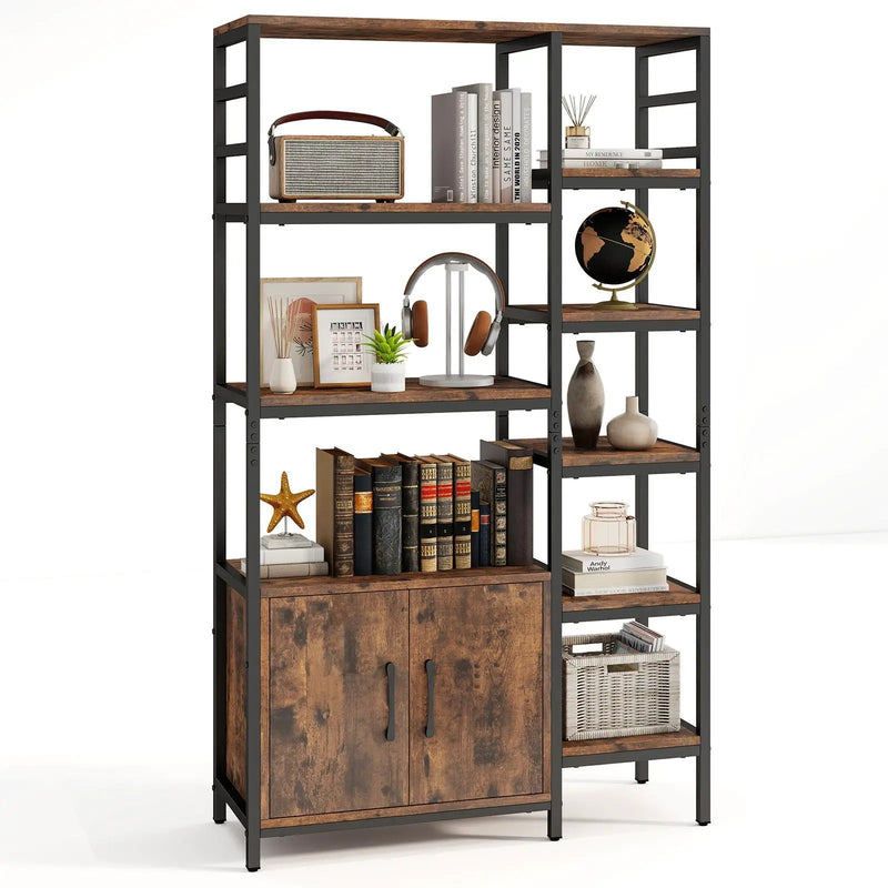 Double Wide 8-Tier Bookshelf with 2-Door Cabinet for Living Room Home Office-Rustic Brown by DirectDeals