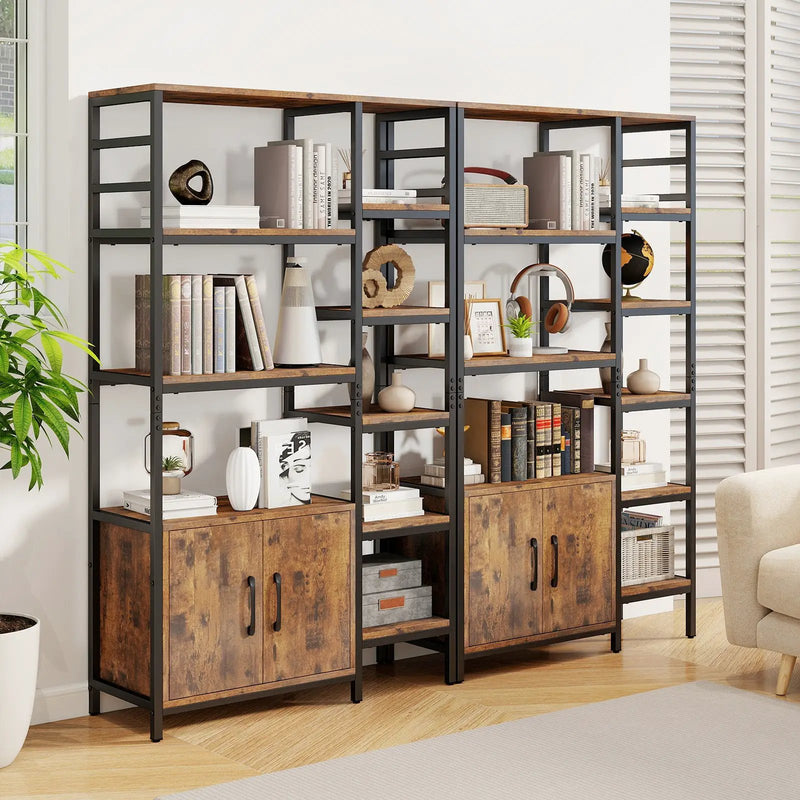 Double Wide 8-Tier Bookshelf with 2-Door Cabinet for Living Room Home Office-Rustic Brown by DirectDeals
