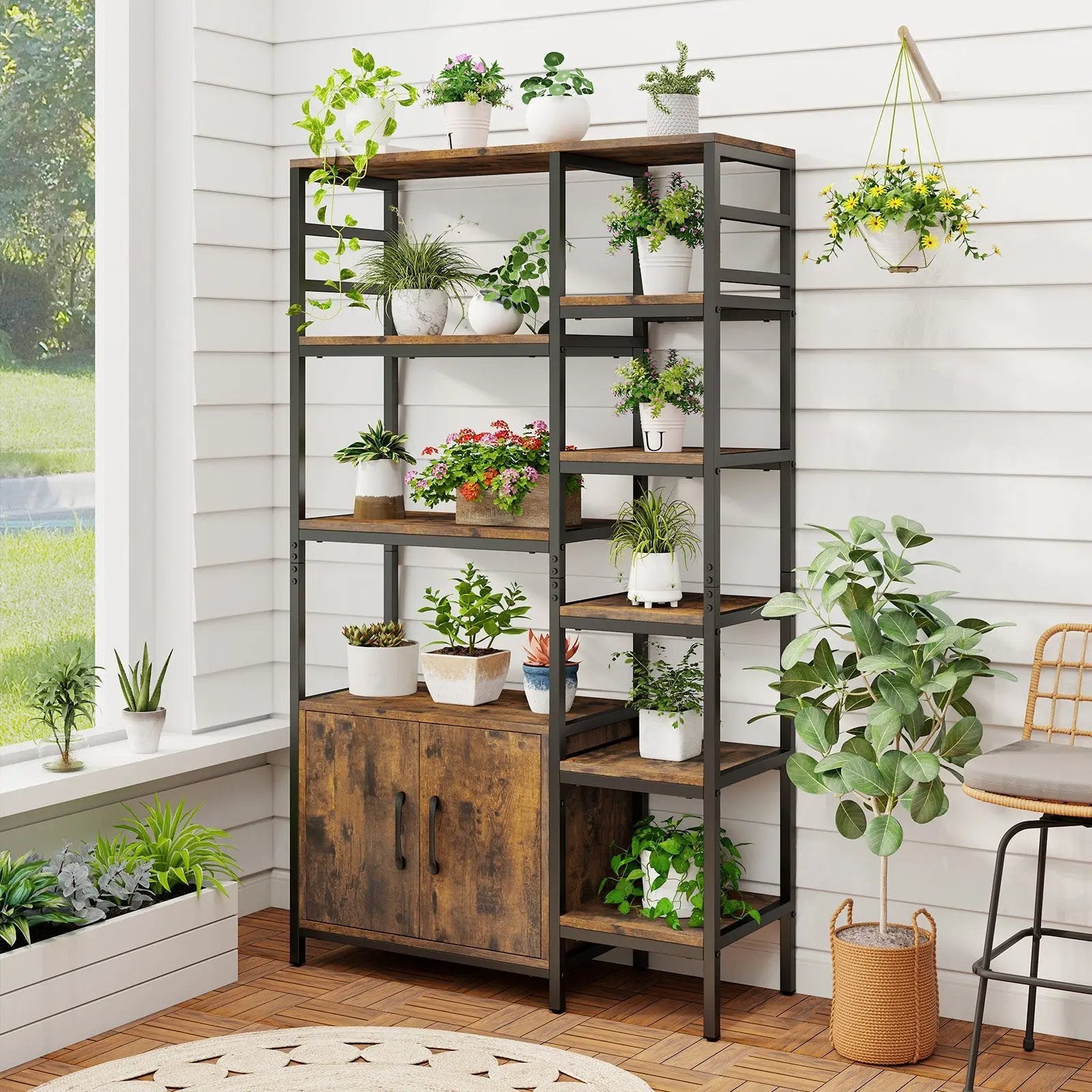 Double Wide 8-Tier Bookshelf with 2-Door Cabinet for Living Room Home Office-Rustic Brown by DirectDeals
